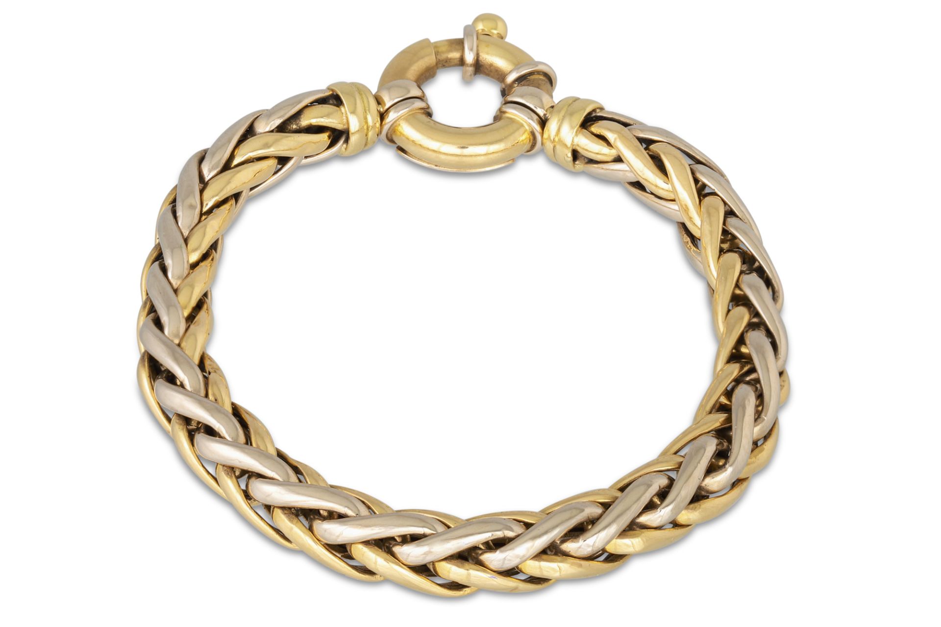 A SPIGA BRACELET, the interwoven yellow & white 18ct gold bracelet to a jumbo bolt ring clasp, 8"