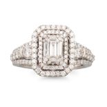 A DIAMOND CLUSTER RING, set with baguette and brilliant cut diamonds and diamond shoulders,