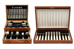 A MID 20TH CENTURY SET OF SIX SILVER FISH KNIFE & FORKS, silver blades & bone handles, cased,