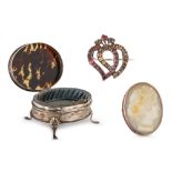 AN EDWARDIAN SILVER FAUX TRINKET BOX, with an antique Georgian set brooch along with a cameo