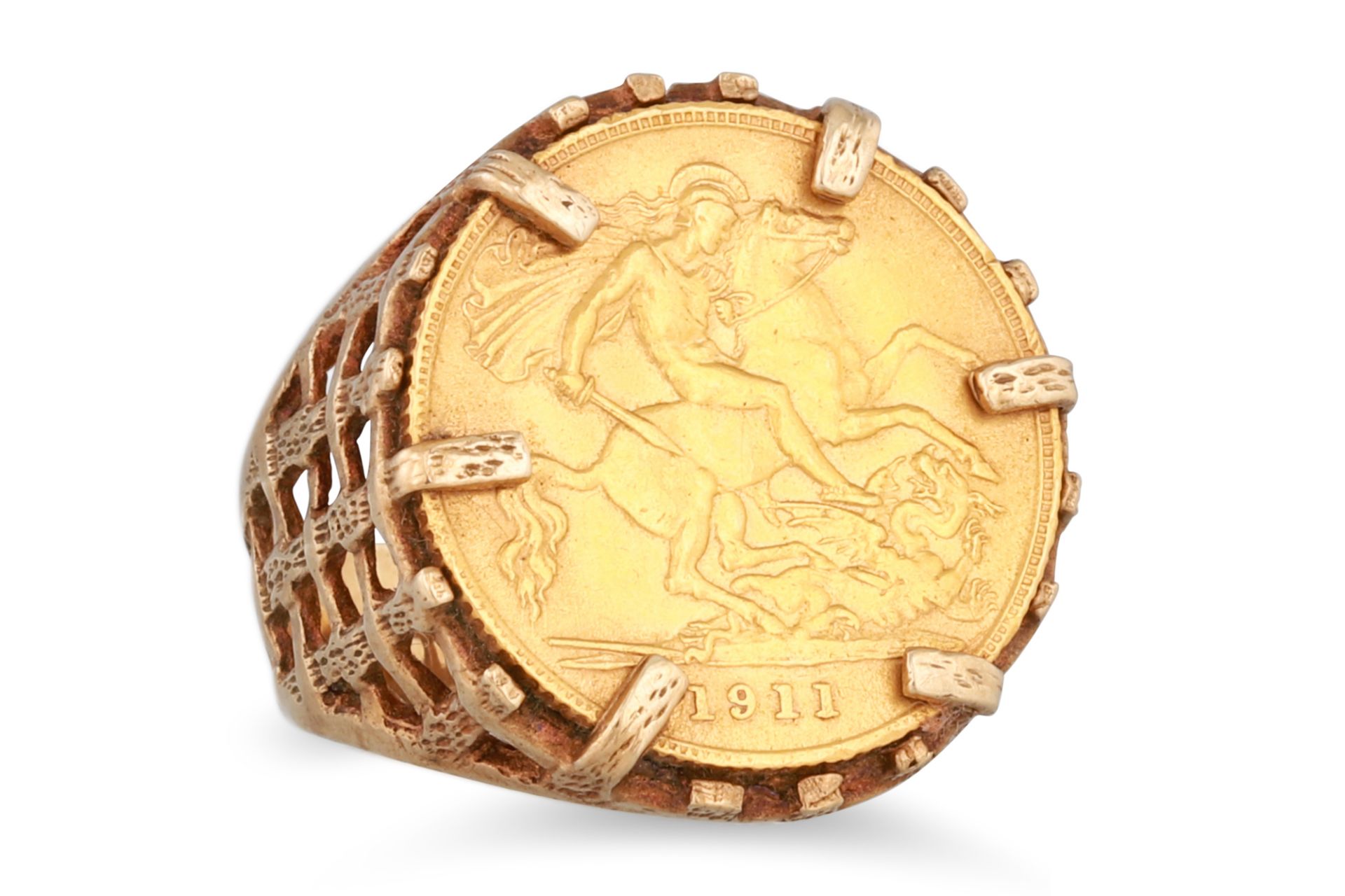 A GEORGE V HALF SOVEREIGN 1911, mounted on a 9ct gold ring, 8.8 g. Size: O