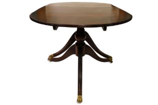 A MID 20TH CENTURY RECTANGULAR MAHOGANY 'D' END DINING TABLE, raised over two tripod supports