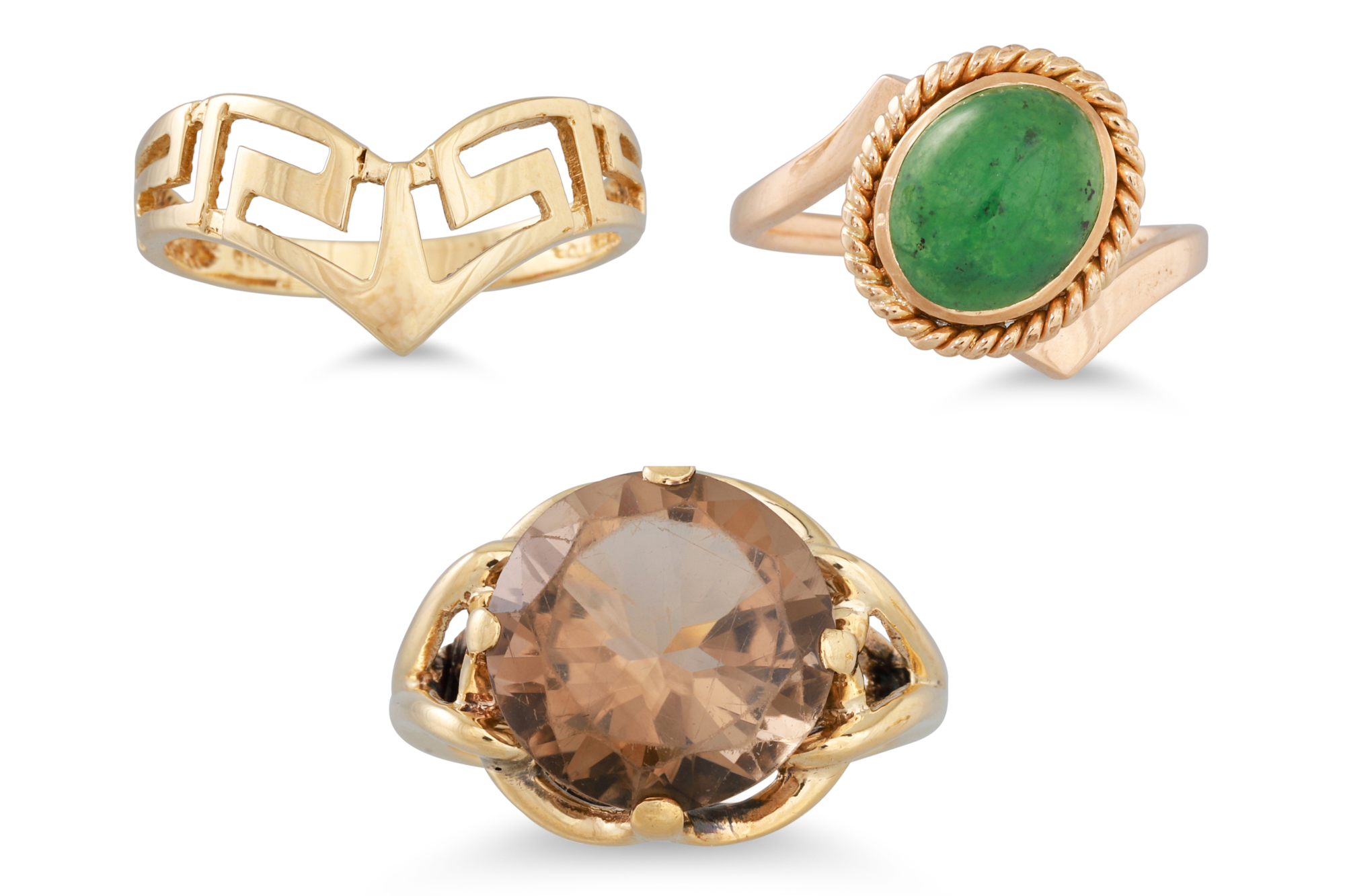 A TOPAZ RING, mounted in 10ct gold, size M, together with a 14ct gold cabochon ring, size O and a