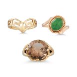 A TOPAZ RING, mounted in 10ct gold, size M, together with a 14ct gold cabochon ring, size O and a