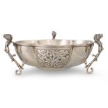 AN EDWARDIAN SILVER BOWL, on three rams mask and scroll legs, London 1903, by Hosace Woodward & Co.,