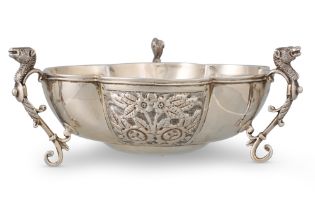AN EDWARDIAN SILVER BOWL, on three rams mask and scroll legs, London 1903, by Hosace Woodward & Co.,