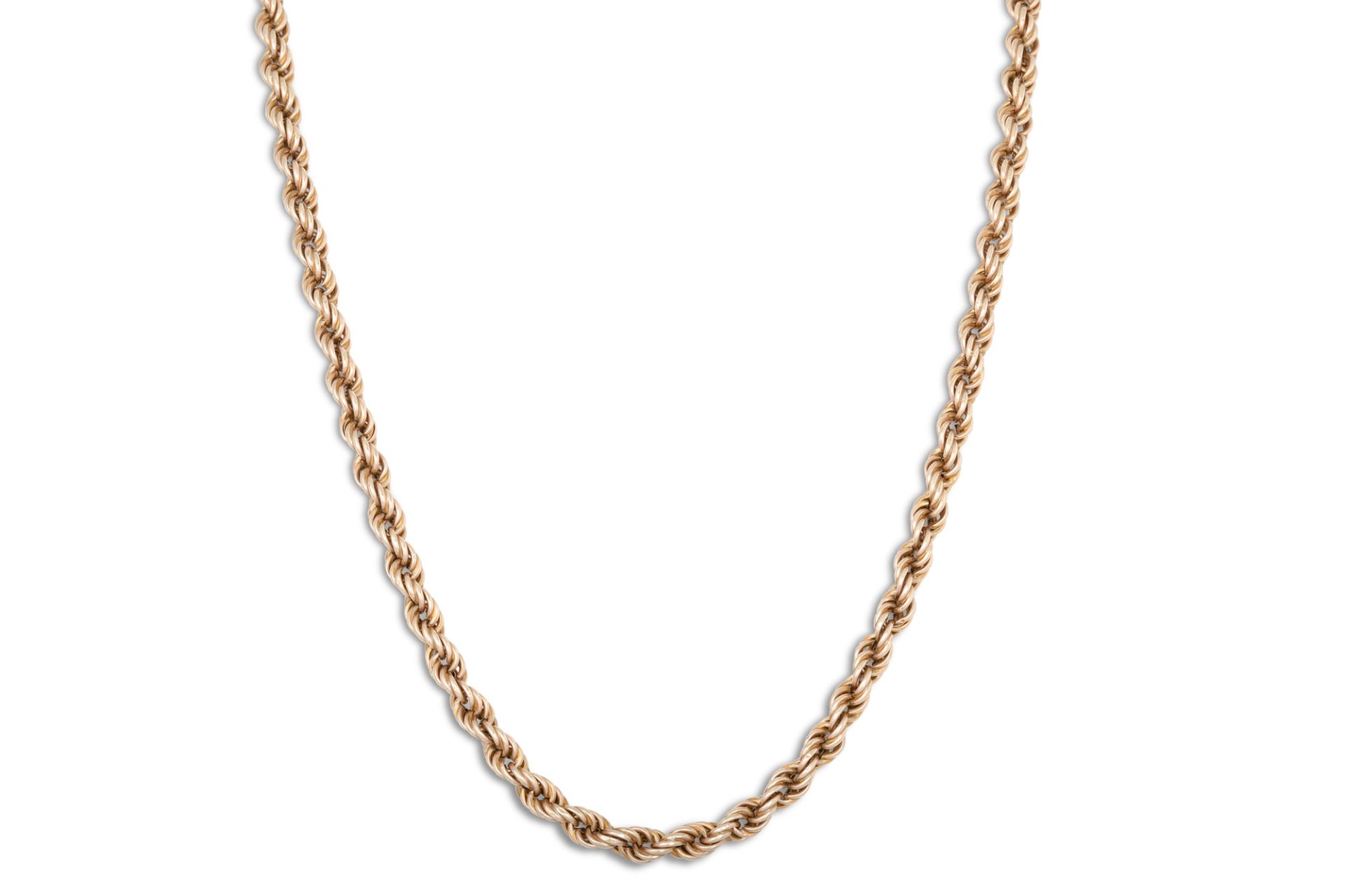 A 9CT YELLOW GOLD ROPE LINK HOLLOW CHAIN, 22" long, 12 g.