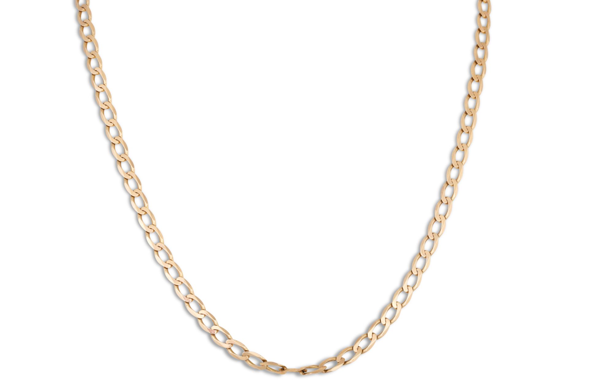 A 9CT GOLD FLAT LINK NECK CHAIN, ca 21" 10 g. Clasp need fixing/attention