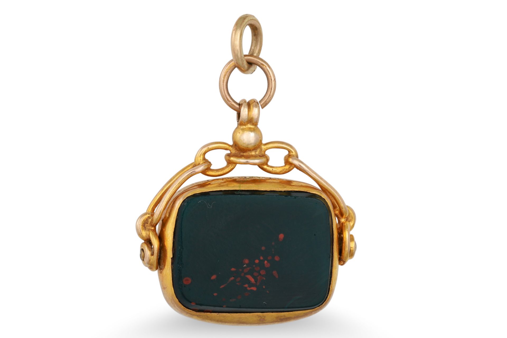 AN ANTIQUE 9CT GOLD SWIVEL SEAL, set with bloodstone and carnelian