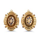 A PAIR OF ANTIQUE ETRUSCAN STYLE EARRINGS, set with enamel and seed pearl