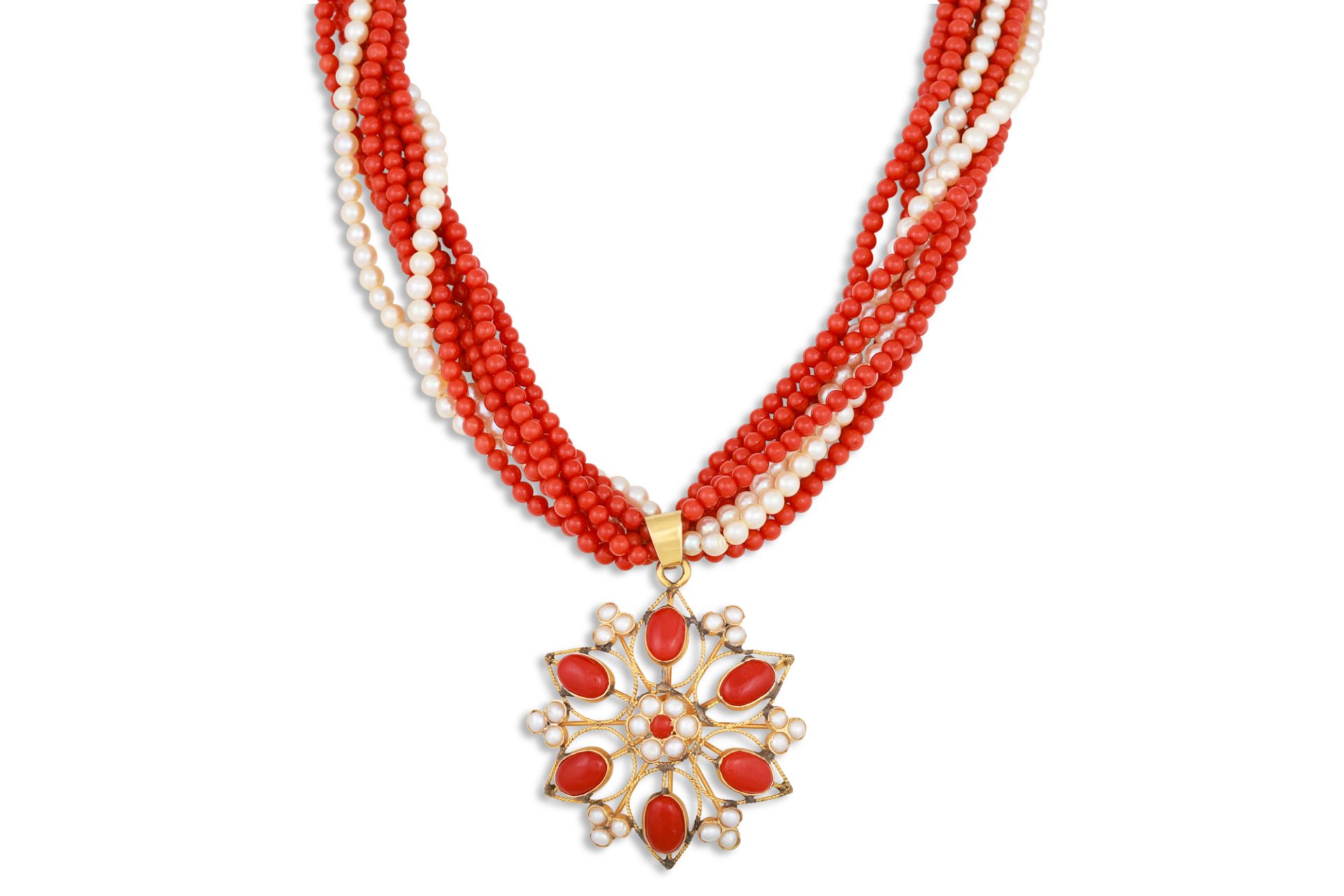 A CORAL AND WHITE CULTURED PEARL MULTI-STRAND NECKLACE, suspending a yellow gold coral and pearl