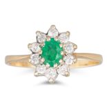 AN EMERALD AND DIAMOND CLUSTER RING, mounted in 9ct yellow gold, size M - N