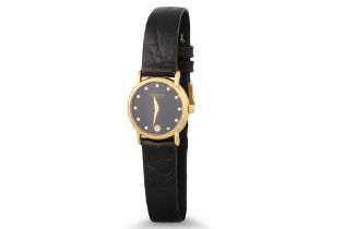 A LADY'S DIAMOND FACE RAYMOND WEIL WRIST WATCH, black leather strap