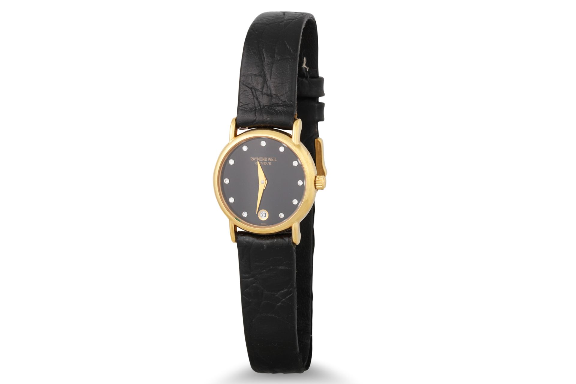 A LADY'S DIAMOND FACE RAYMOND WEIL WRIST WATCH, black leather strap