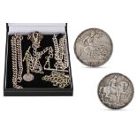 A 1914 WWI SILVER MEDAL, a 1892 English Victorian crown coin, together with various chains and