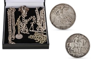 A 1914 WWI SILVER MEDAL, a 1892 English Victorian crown coin, together with various chains and