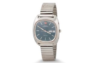 A GENT'S STAINLESS STEEL OMEGA MEGA QUARTZ WRISTWATCH, 32 kh2, day date