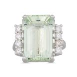 AN AQUAMARINE AND DIAMOND RING, the rectangular aquamarine to diamond shoulders, mounted in 18ct