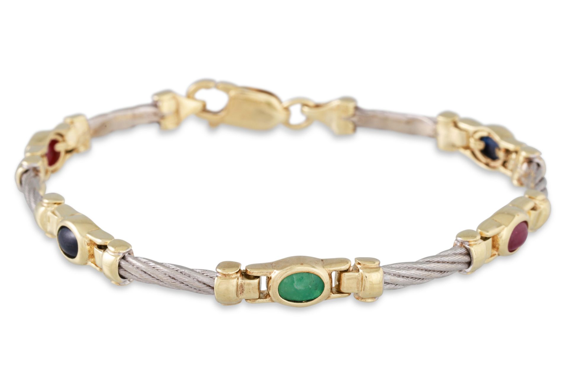 A RUBY, SAPPHIRE AND EMERALD BRACELET, mounted in 9ct yellow and white gold links, 13.7 g.