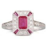 A DIAMOND AND RUBY ART DECO STYLE RING, the emerald cut ruby to diamond surround, mounted in 18ct