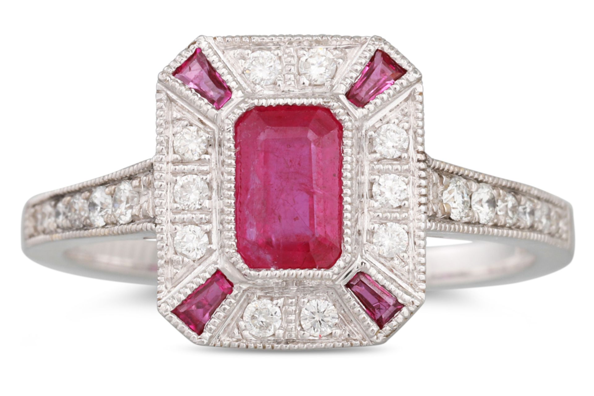 A DIAMOND AND RUBY ART DECO STYLE RING, the emerald cut ruby to diamond surround, mounted in 18ct