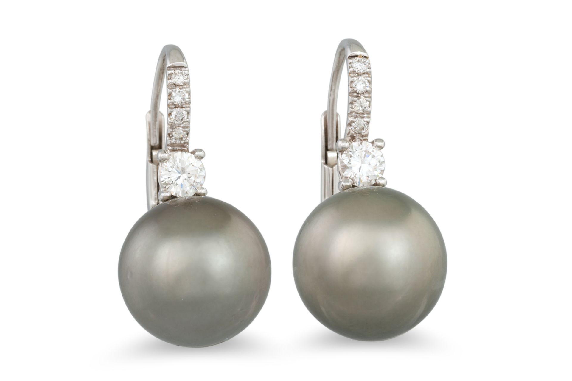 A PAIR OF TAHITIAN PEARL AND DIAMOND EARRINGS, the diamond set hoops suspending pearls in 18ct white