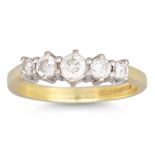 A FIVE STONE DIAMOND RING, mounted in 18ct yellow gold. Estimated: weight of diamonds: 0.55 ct. size