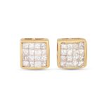 A PAIR OF DIAMOND CLUSTER EARRINGS, set with princess cut diamonds mounted in 14ct yellow gold.