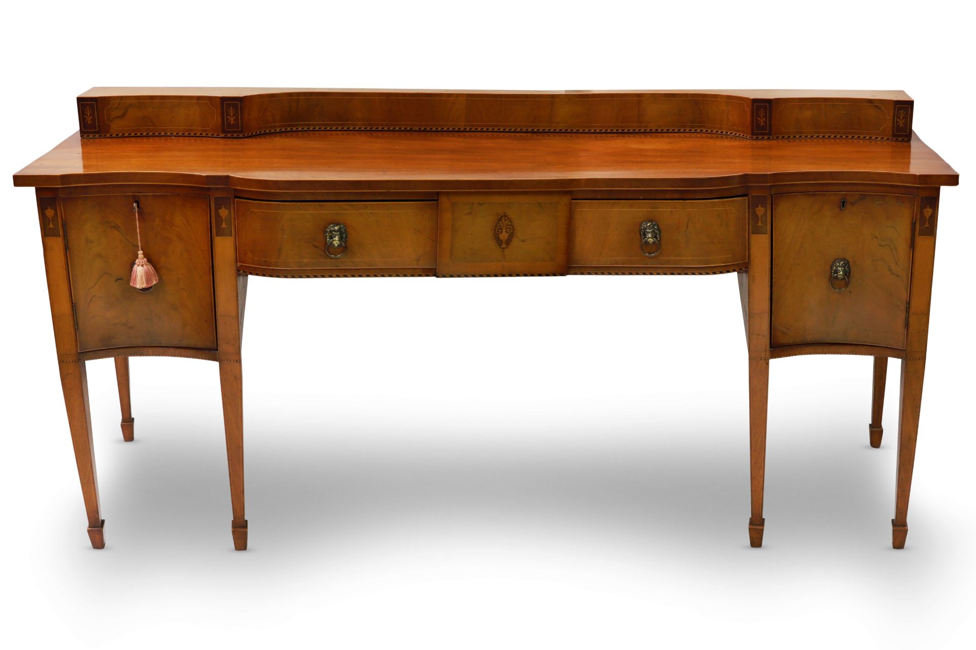 A FINE QUALITY EDWARDIAN GEORGIAN REVIVAL INLAID FADED MAHOGANY SIDEBOARD, fitted raised back over a