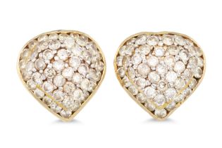 A PAIR OF PAVÉ SET DIAMOND EARRINGS, mounted in yellow gold. Estimated: weight of diamonds: 1.00