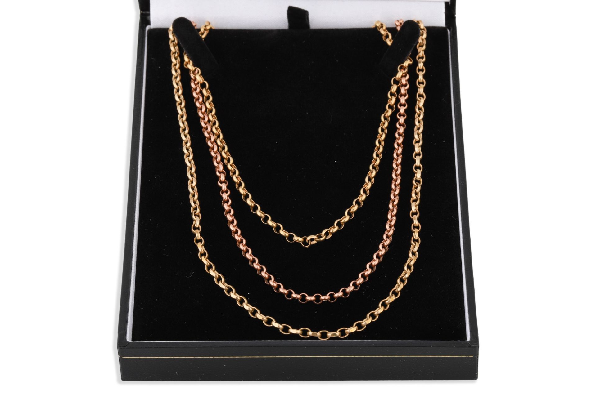 THREE 9CT GOLD BELCHER LINK NECK CHAINS, 31.7 g.