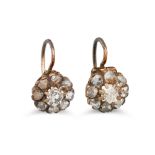 A PAIR OF ANTIQUE OLD CUT DIAMOND EARRINGS, of cluster drop form, Sheppard hook fittings
