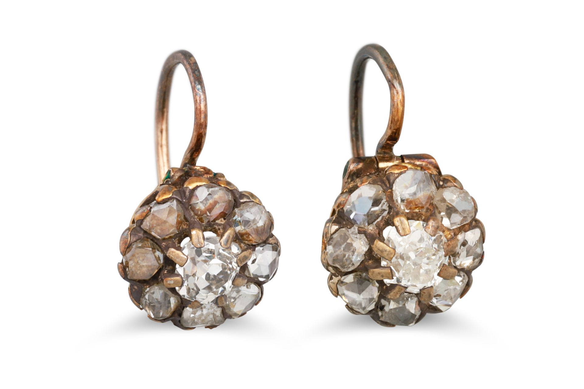 A PAIR OF ANTIQUE OLD CUT DIAMOND EARRINGS, of cluster drop form, Sheppard hook fittings