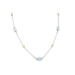 AN AQUAMARINE NECKLACE, set with an oval and two rectangular stones, linked by fine gold chain
