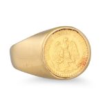 A MEXICAN GOLD COIN RING, mounted in 18ct gold, size R - S, 7.9 g.