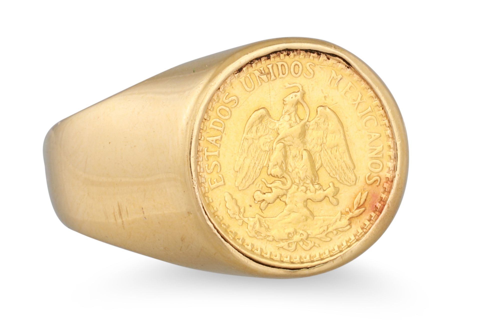 A MEXICAN GOLD COIN RING, mounted in 18ct gold, size R - S, 7.9 g.