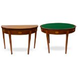 A FINE QUALITY PAIR OF EDWARDIAN GEORGIAN REVIVAL INLAID MAHOGANY DEMI LUNE FOLD OVER CARD TABLES,