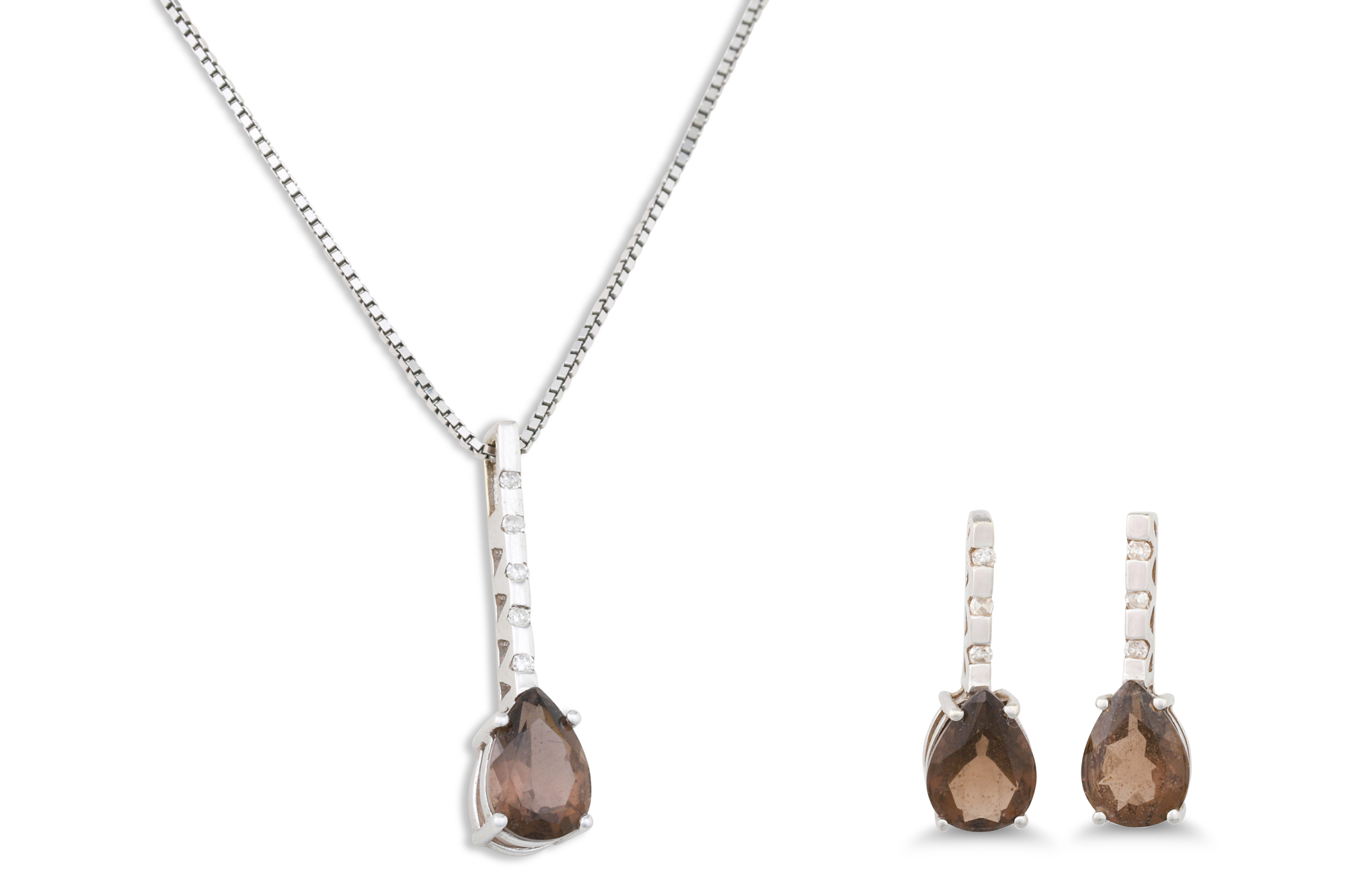 A DIAMOND AND SMOKY QUARTZ PENDANT, mounted in white gold, together with matching earrings