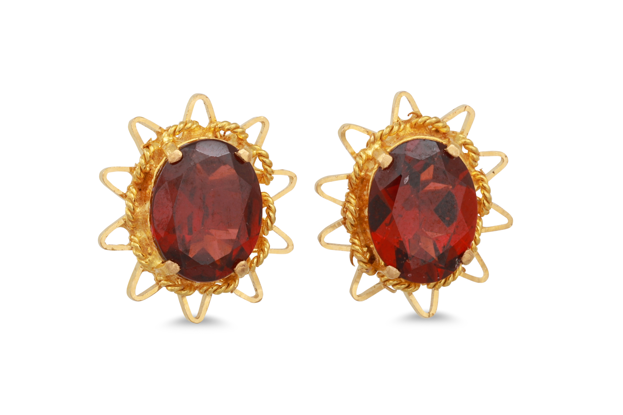 A PAIR OF GARNET EARRINGS, mounted in yellow gold