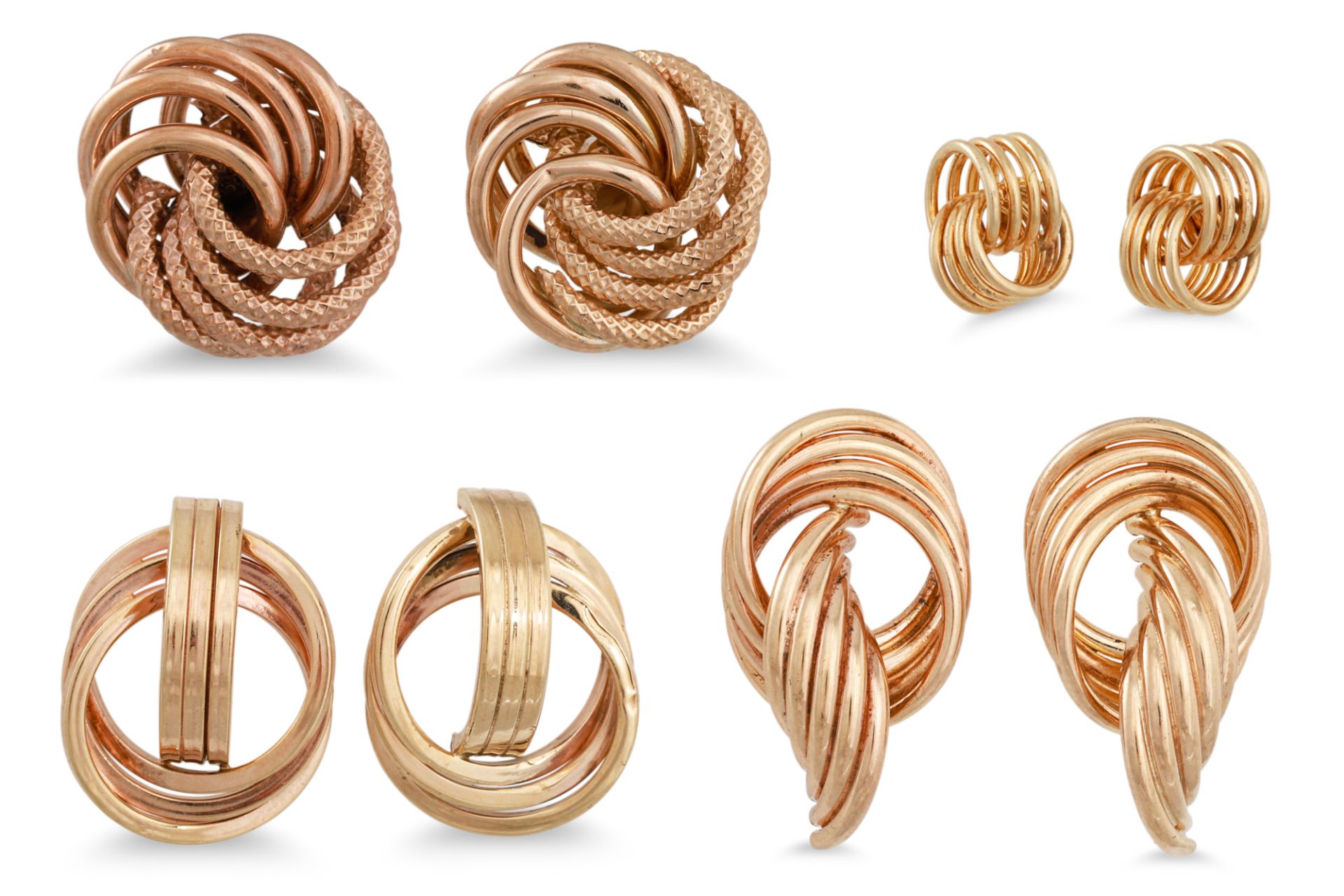 FOUR PAIRS OF KNOT EARRINGS, various sizes, 14ct & 9ct gold