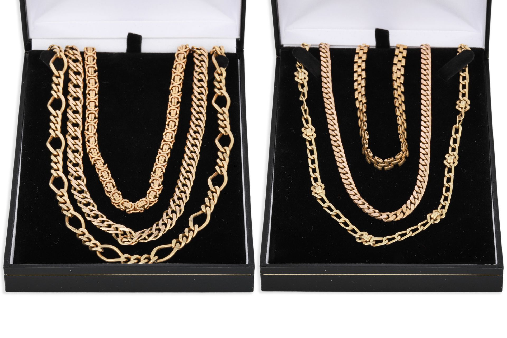 SIX 9CT GOLD FANCY LINK NECK CHAINS, 188 g.