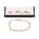 A 9CT GOLD BRACELET, together with six rings, all 9ct yellow gold