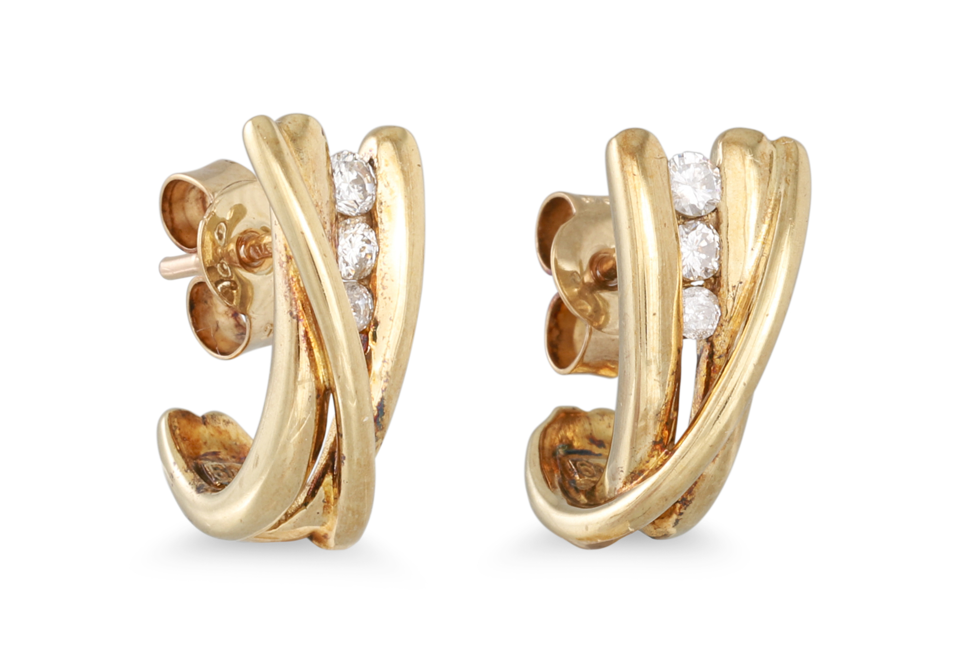 A PAIR OF CUBIC ZIRCONIA CROSSOVER EARRINGS, mounted in 9ct gold, 3.4 g., together with a pair of - Image 3 of 3