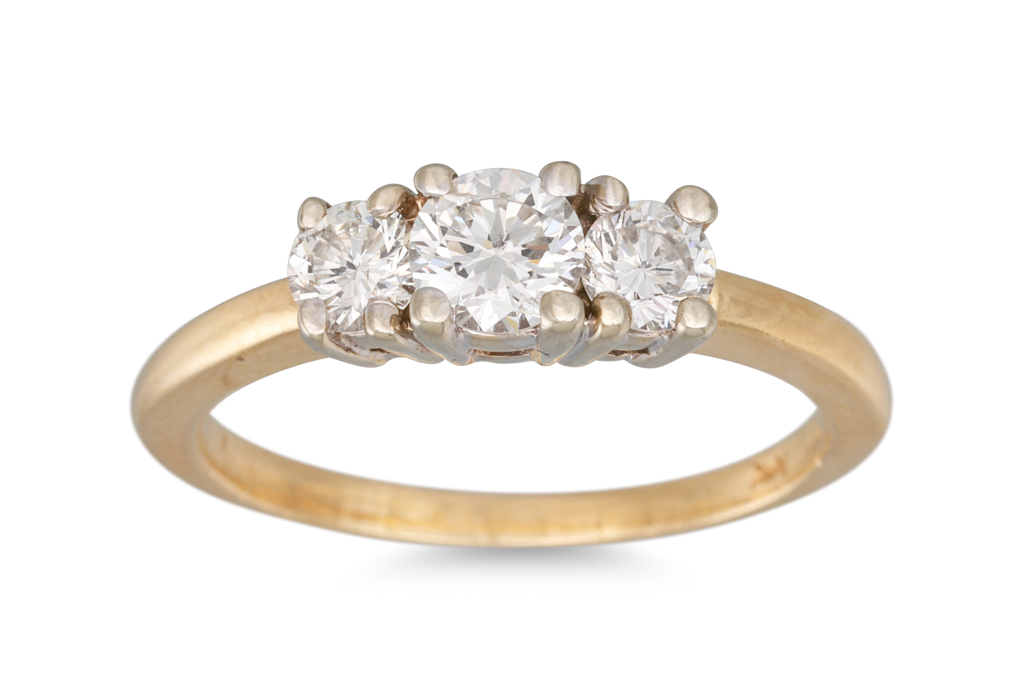 A THREE STONE DIAMOND RING, the brilliant cut diamonds mounted in 14ct yellow gold. Estimated: