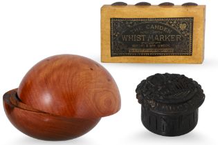 AN ANTIQUE IRISH HAND CARVED IRISH BOG OAK BOX, depicting a scene of Muckross Abbey, and a vintage