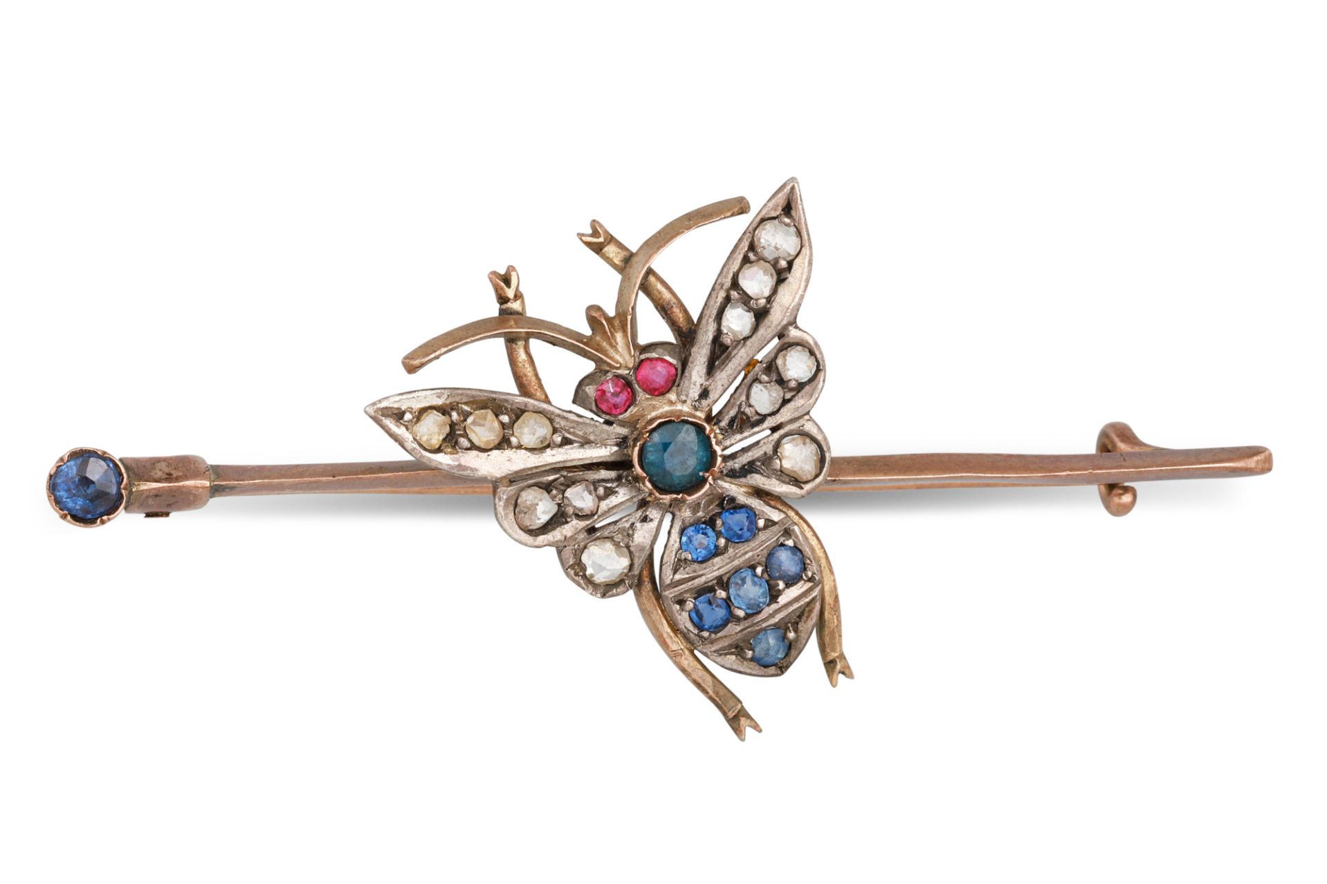 A VICTORIAN BUTTERFLY BROOCH, set with diamonds, sapphires and rubies, mounted in gold