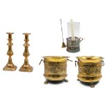 A PAIR OF ANTIQUE BRASS CANDLE STICKS, an antique oil lamp and a pair of large brass jardiniere