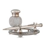 AN EDWARDIAN SILVER PEN AND INK SET, Birmingham 1904, together with a silver plated brandy warmer in