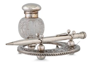 AN EDWARDIAN SILVER PEN AND INK SET, Birmingham 1904, together with a silver plated brandy warmer in