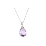 AN AMETHYST PENDANT, the briolette pear shaped amethyst mounted in 9ct white gold, on a chain